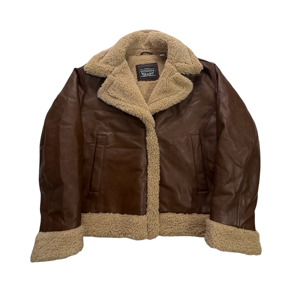 Levi Aviator Jacket Womens M Brown Faux Leather Sherpa Lined Western